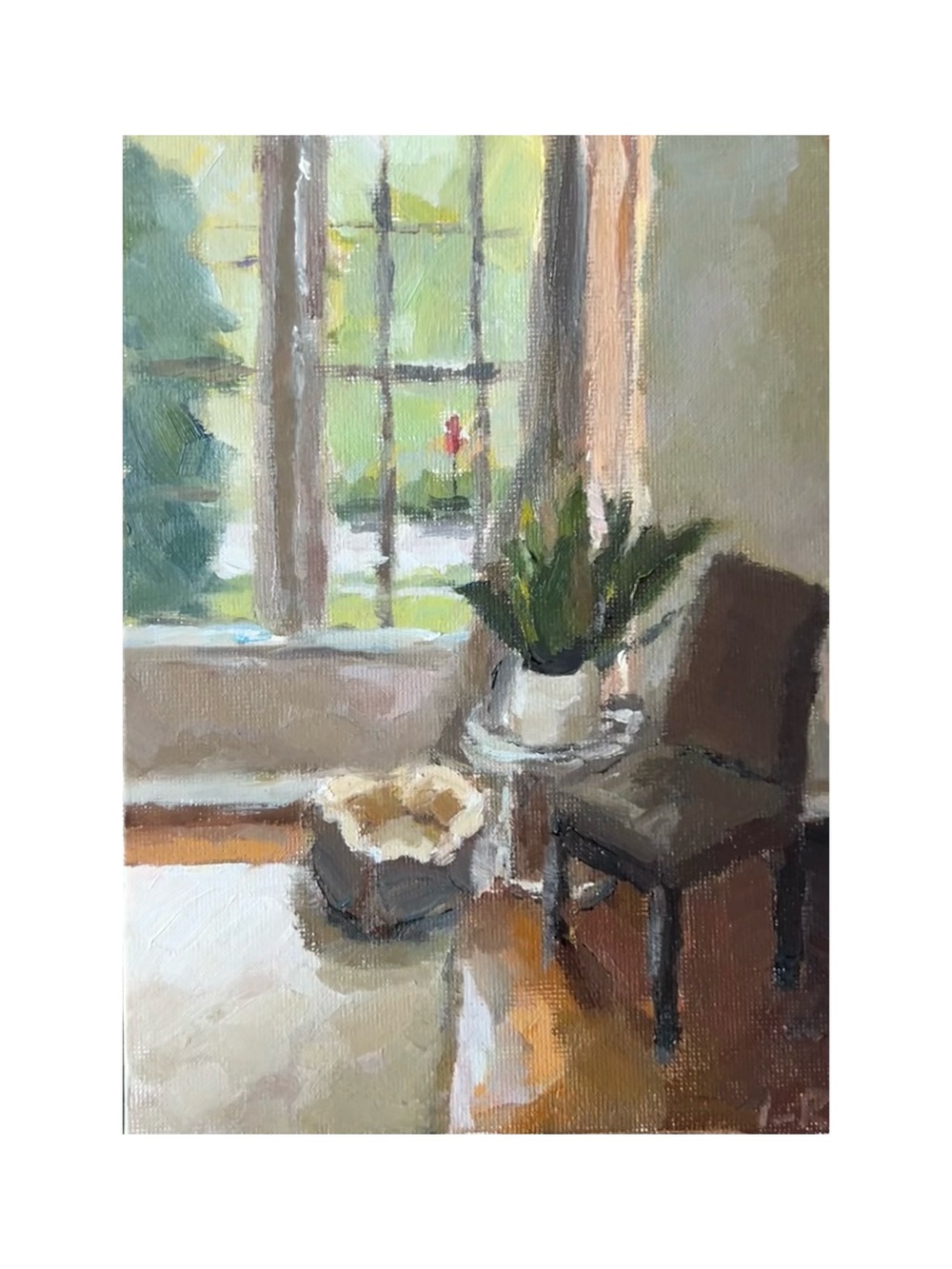 Original Home Art Oil Painting — Neutral Interior with Green Plant